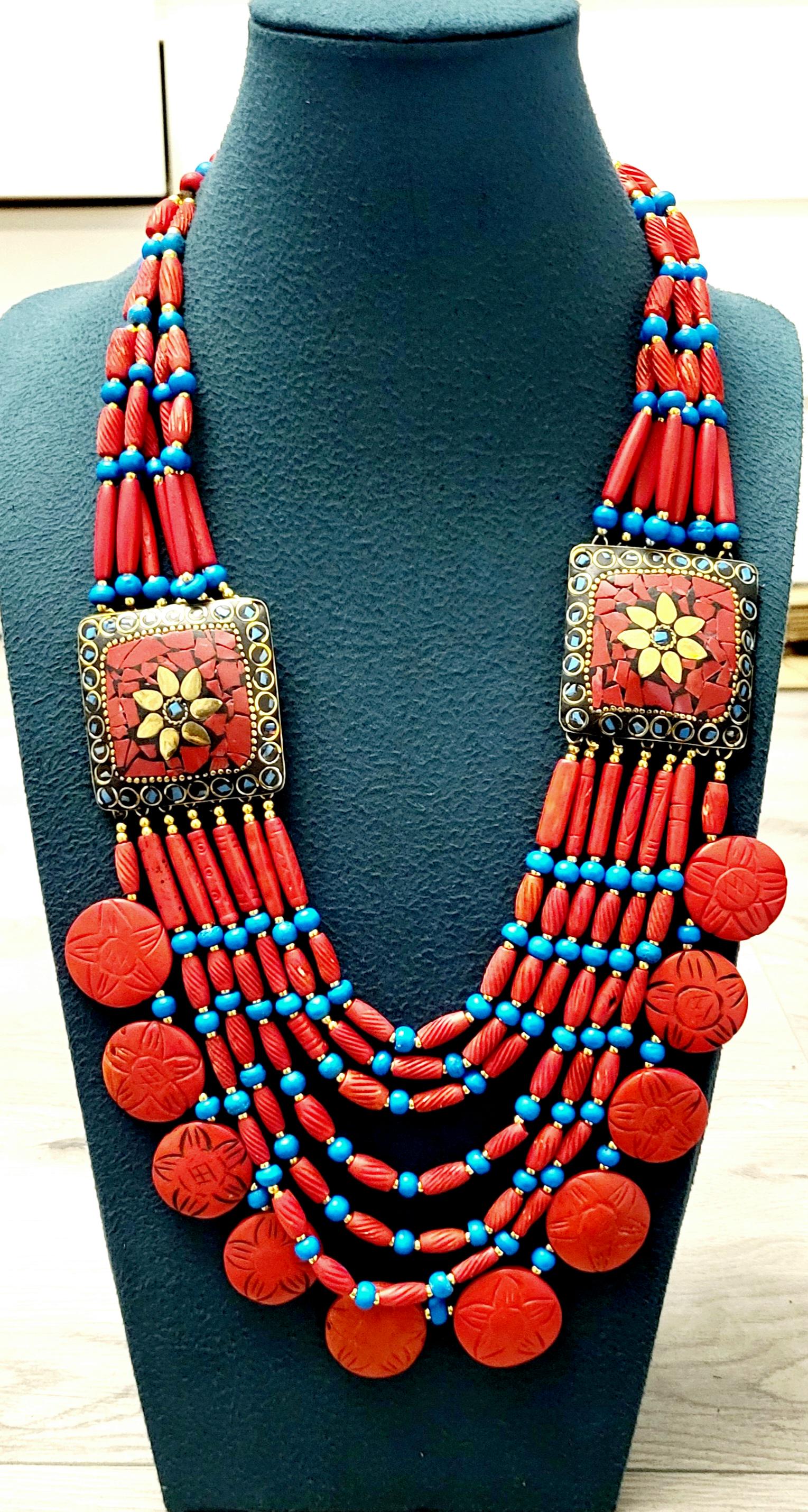 Nepalese Turquoise Coral Necklace: Boho Ethnic Beaded Jewelry
