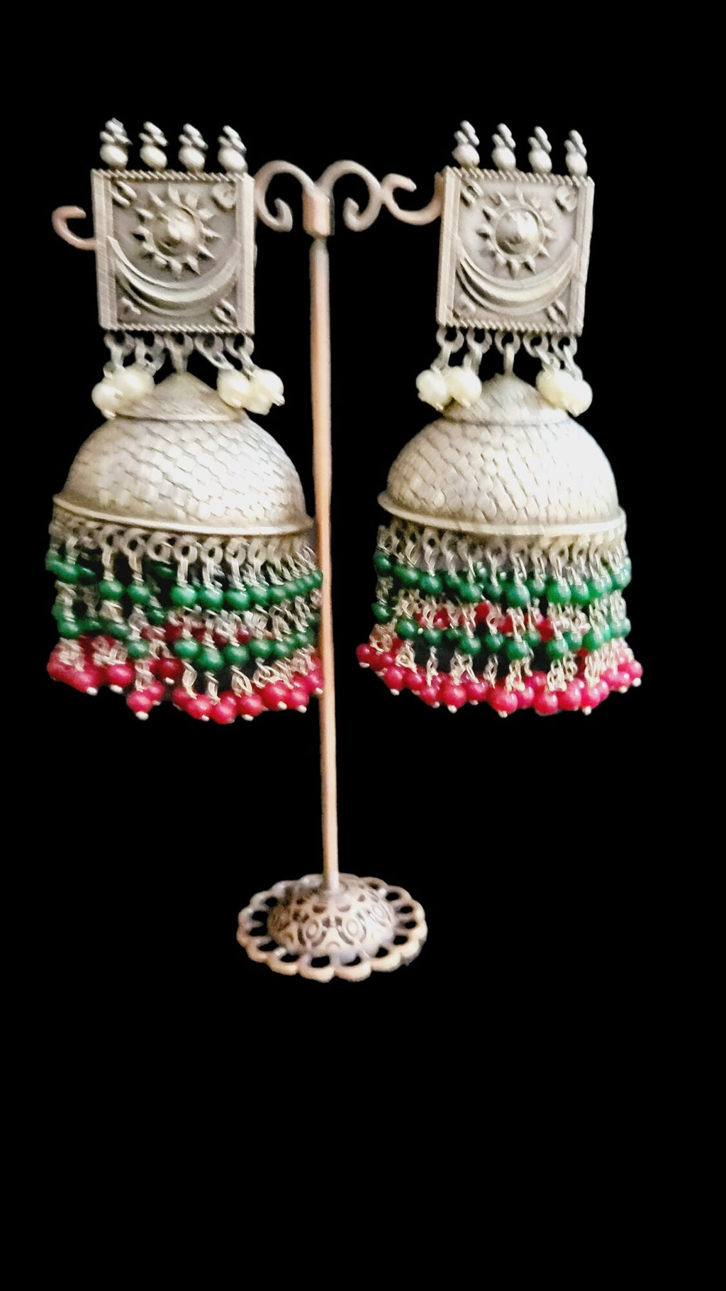 Handmade Indian Jhumka Earrings: Sun Motif, Crystal Beads