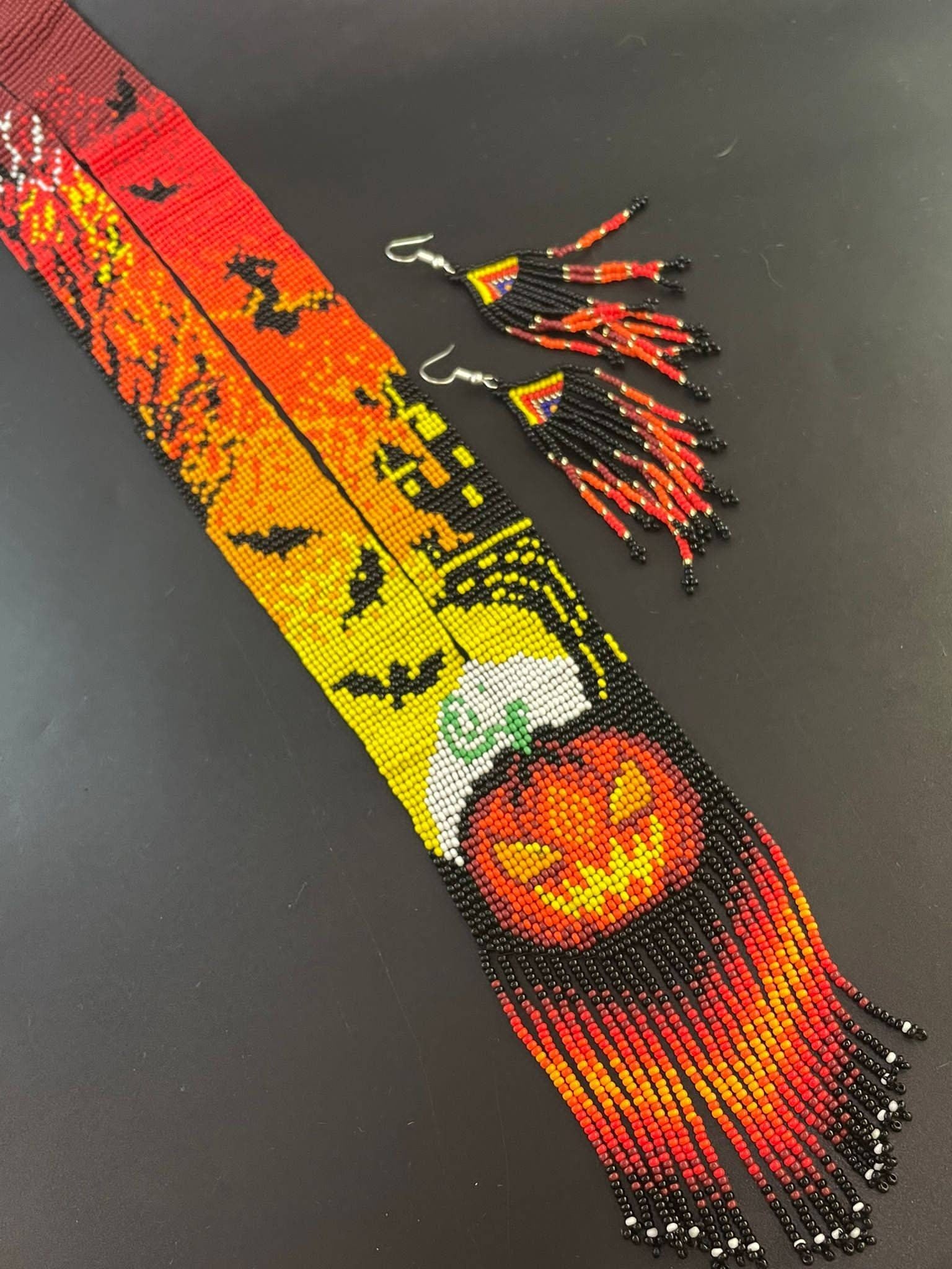 Handmade Beaded Halloween Necklace: Pumpkin Jewelry Set