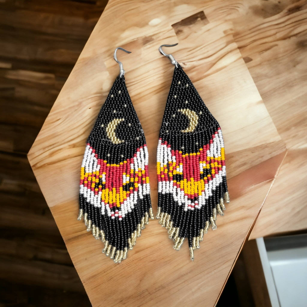 Red Fox Beaded Fringe Earrings: Long Sterling Silver 925