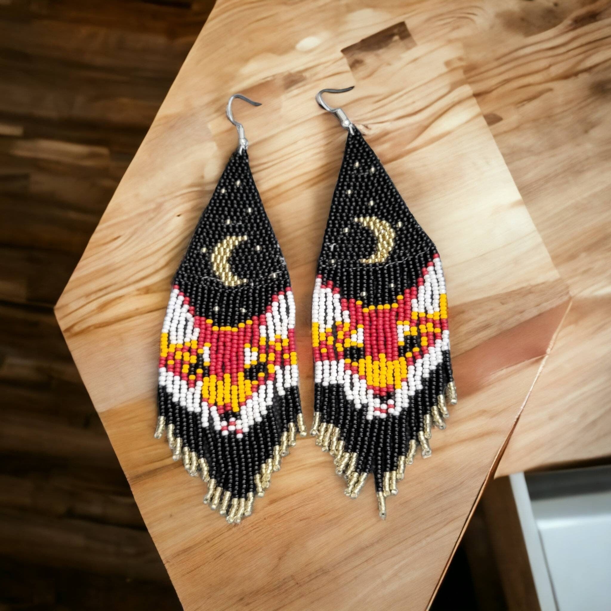 Red Fox Beaded Fringe Earrings: Long Sterling Silver 925