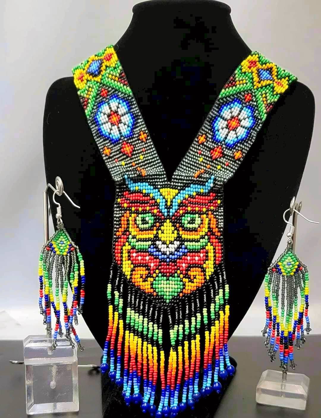Handmade Beaded Owl Necklace: Rainbow Jewelry with Earrings