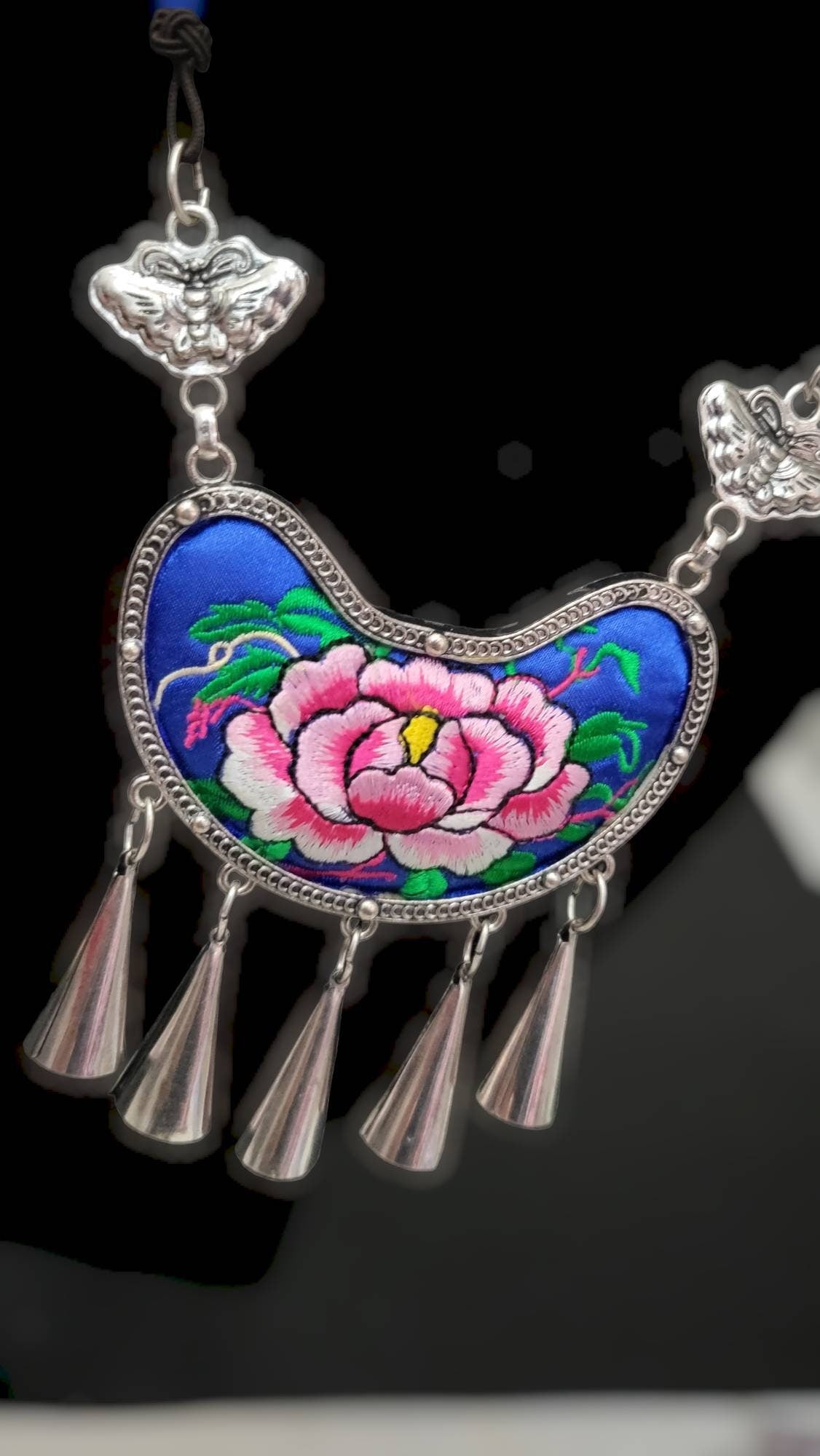 New Design!! Miao Silver Embroidery Necklace,Butterfly Dangle Earring,Circular Flower design,Bold Ethnic Earring, Traditional Earrings,Boho