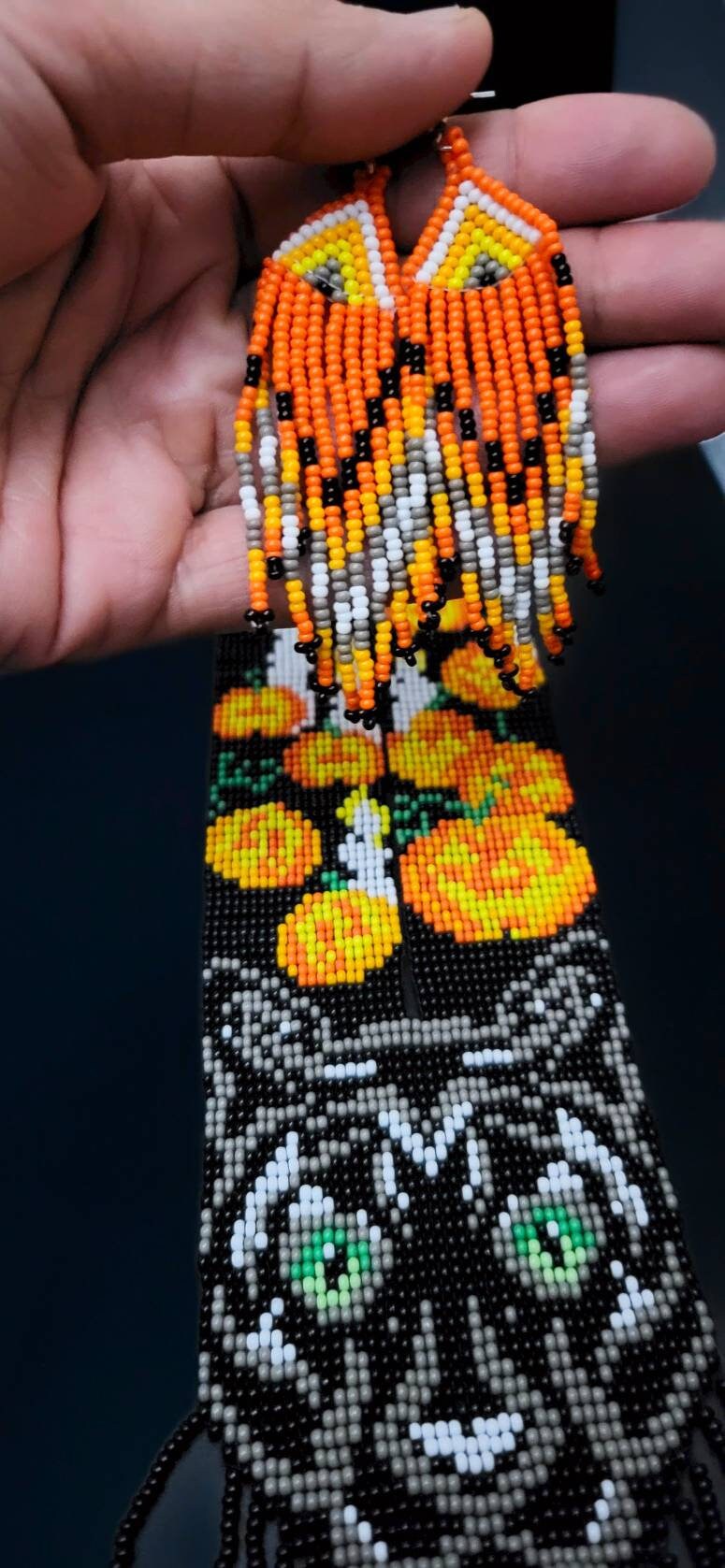 Beaded Cat &amp; Pumpkin Necklace Set: Halloween Statement Jewelry