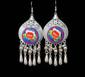 Miao Silver Flower Embroidery Earrings: Hmong Ethnic Dangle Earrings