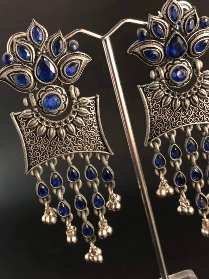 Vintage Silver Dangle Earrings: Bohemia Beaded Tassel, Cobalt Crystals