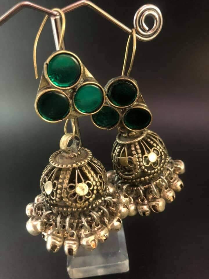 Afghan Jhumki Dangle Earrings: Kuchi Style, Green Stone, Ghongro Dangles