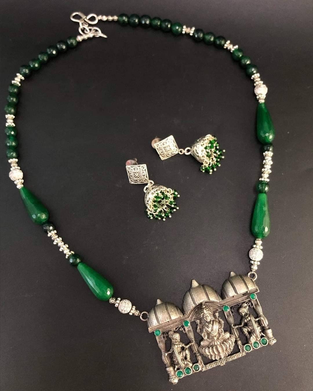 HANDMADE LAXMI NECKLACE,Oval Shape Beads,Silver Replica,Goddess Of Wealth,Goddess Of Luck,Hindu Goddess