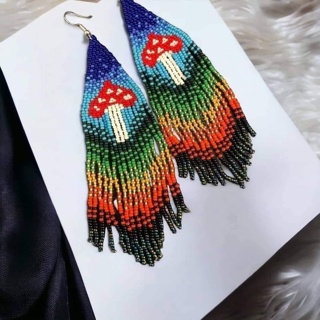 Beaded Mushroom Fringe Earrings: Toadstool Dangle Earrings