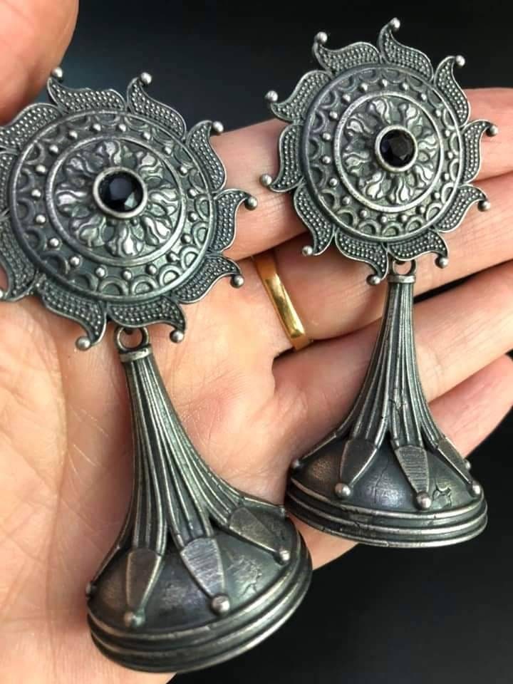 Oxidized Silver Plated Dangle Earrings: Floral Boho Jewelry