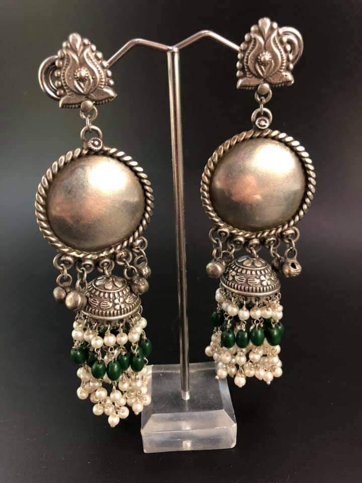 Silver Plated Jhumka Earrings: Floral Dome, Pearl & Bead Tassels