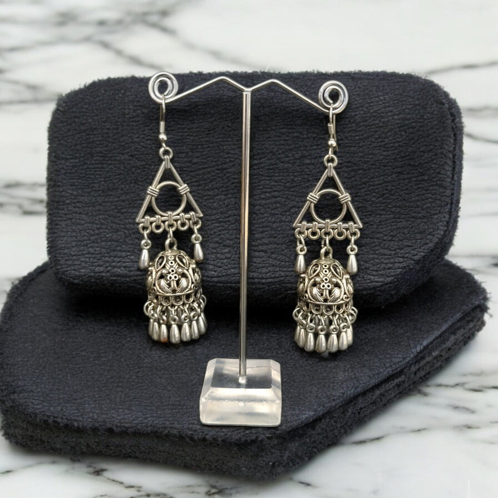 Oxidized Silver Plated Jhumka Earrings: Triangle Drop Dangle, 925 Hook