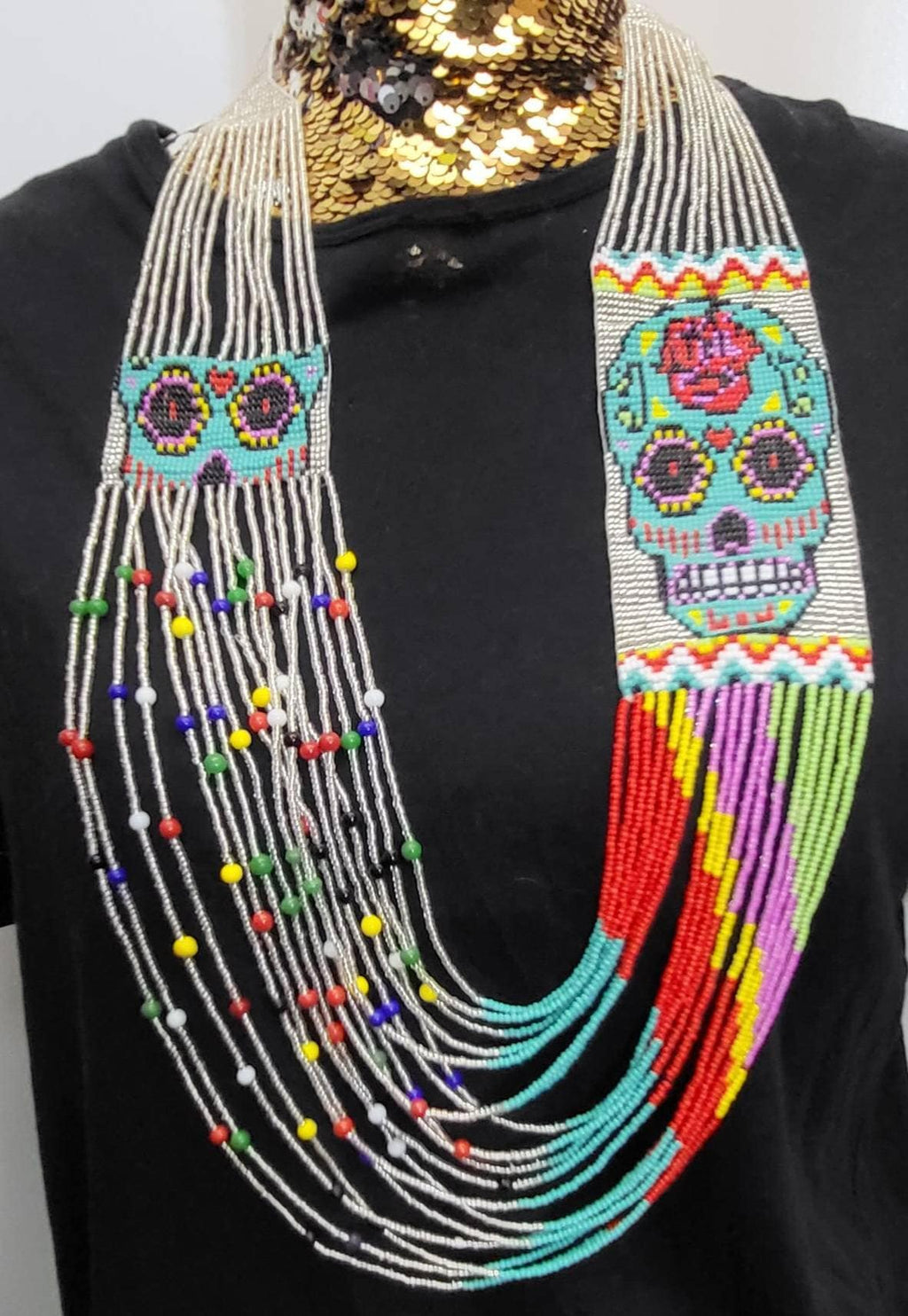 Handmade Seed Bead Skull Necklace: Ethnic Beaded Jewelry