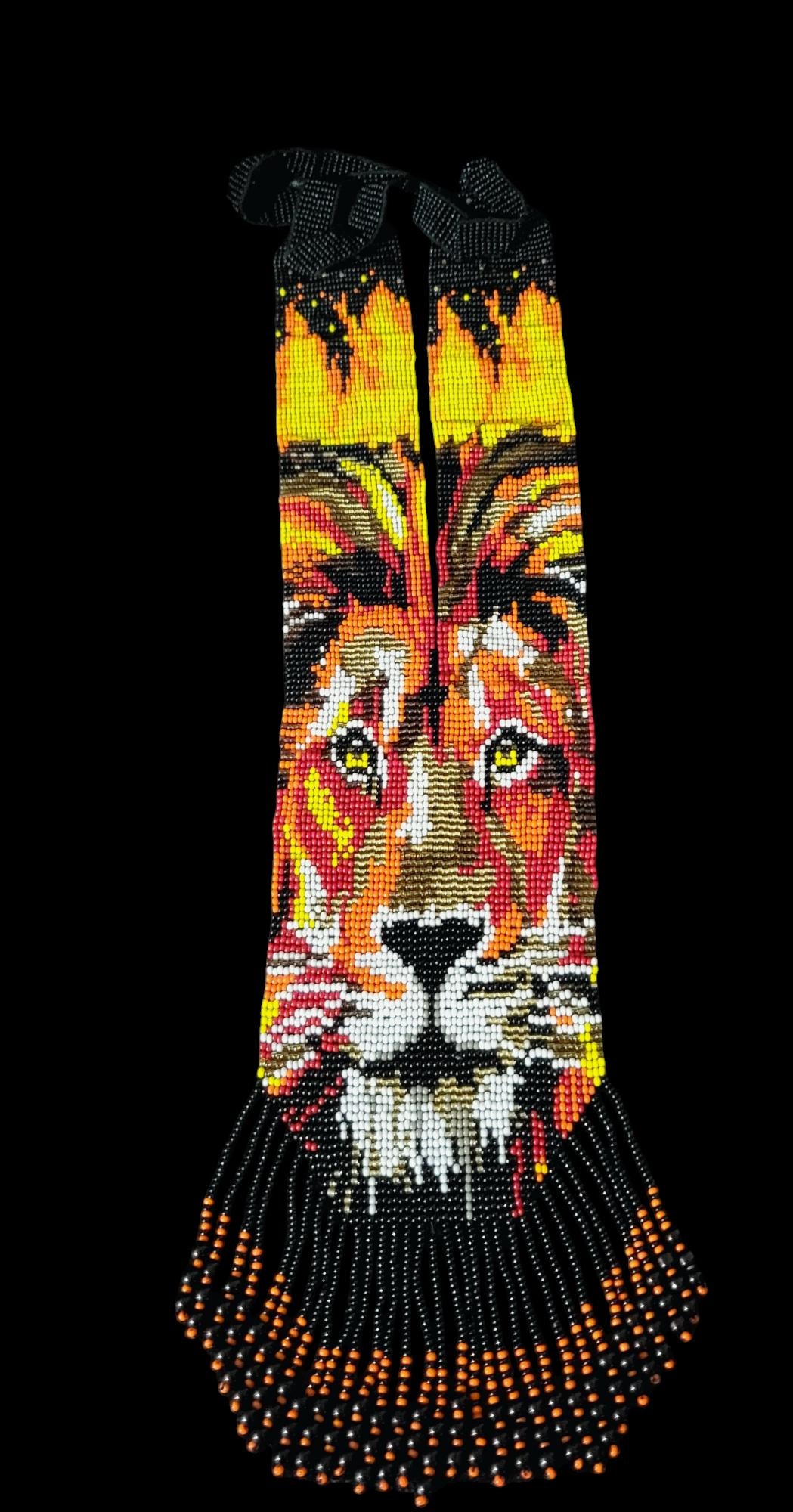 Handmade Beaded Lion Necklace: Ethnic Woven Seed Bead Pendant