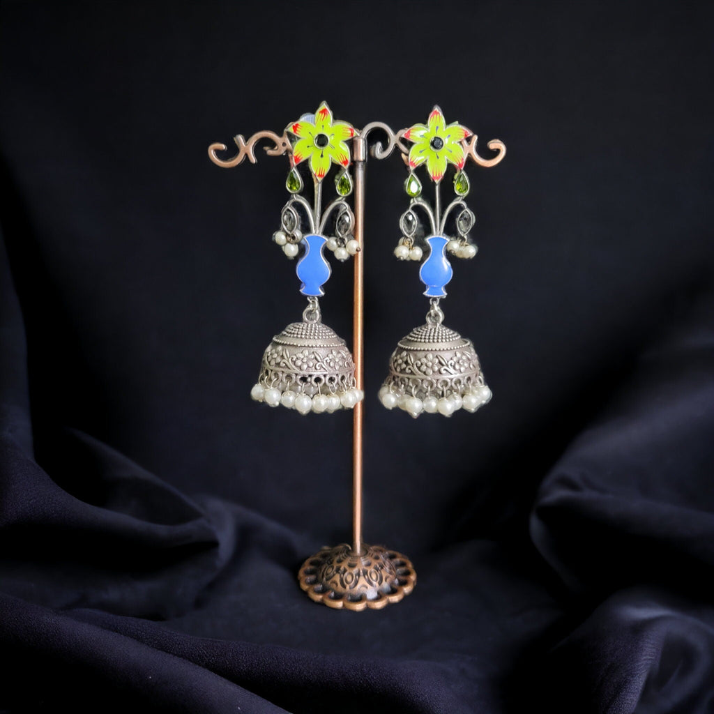 Oxidized Silver Plated Jhumka Earrings: Hand-Painted Floral Jewelry