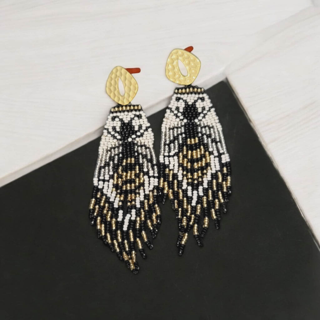 Beaded Bee Dangle Earrings: Seed Bead Statement Jewelry