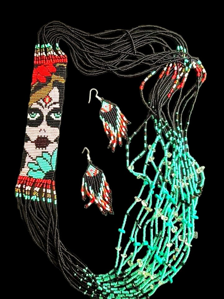 Sugar Skull Seed Bead Necklace: Huichol Day of the Dead Art