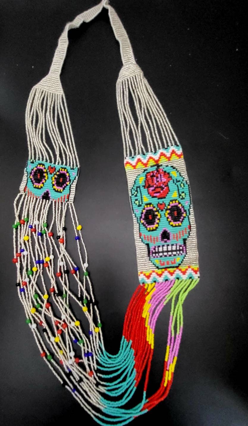 Handmade Seed Bead Skull Necklace: Ethnic Beaded Jewelry