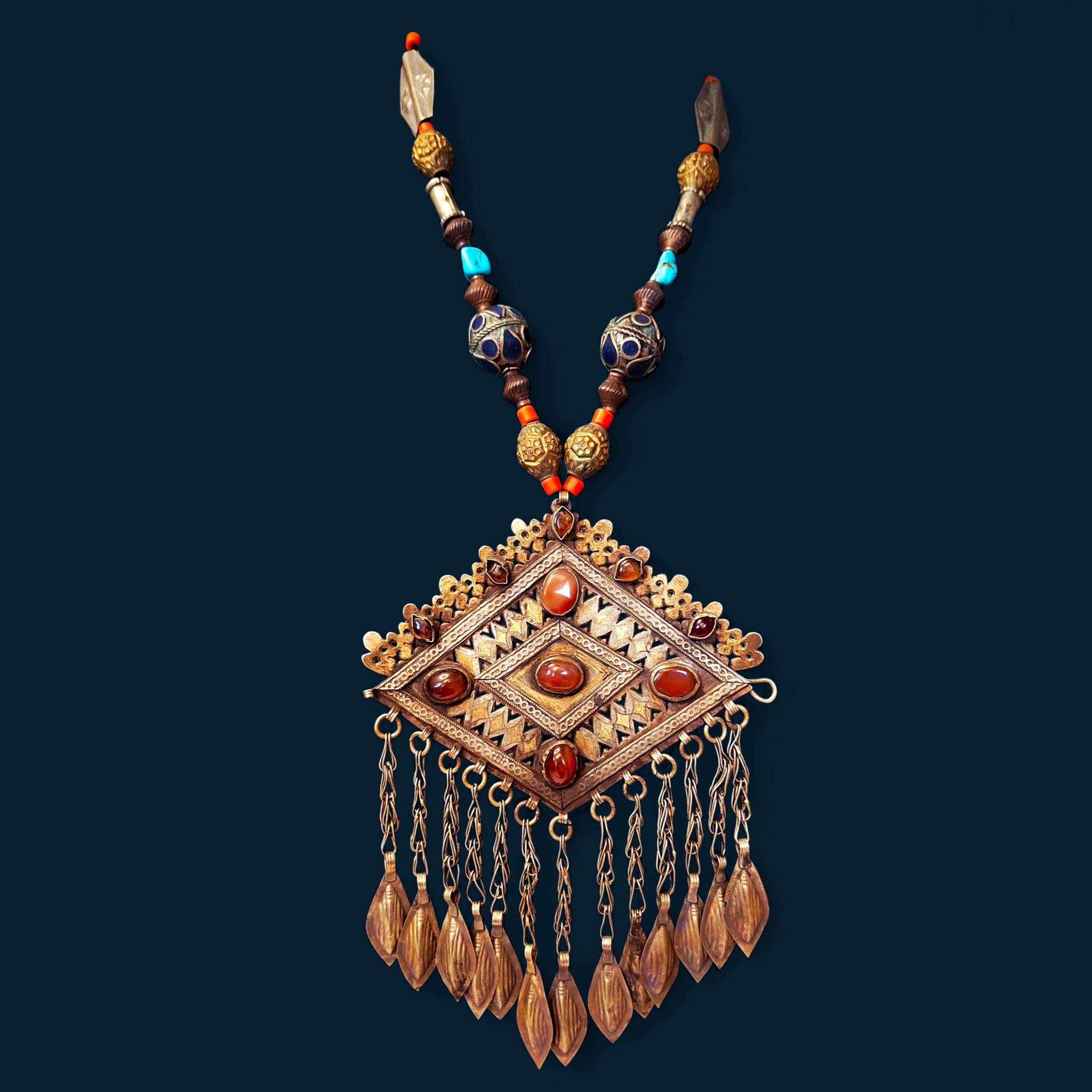 Vintage Turkmen Necklace ,Tribal,Necklace,Handcrafted Silver,Tone Pendant with Carnelian & Lapis Lazuli ,Ethnic Jewelry