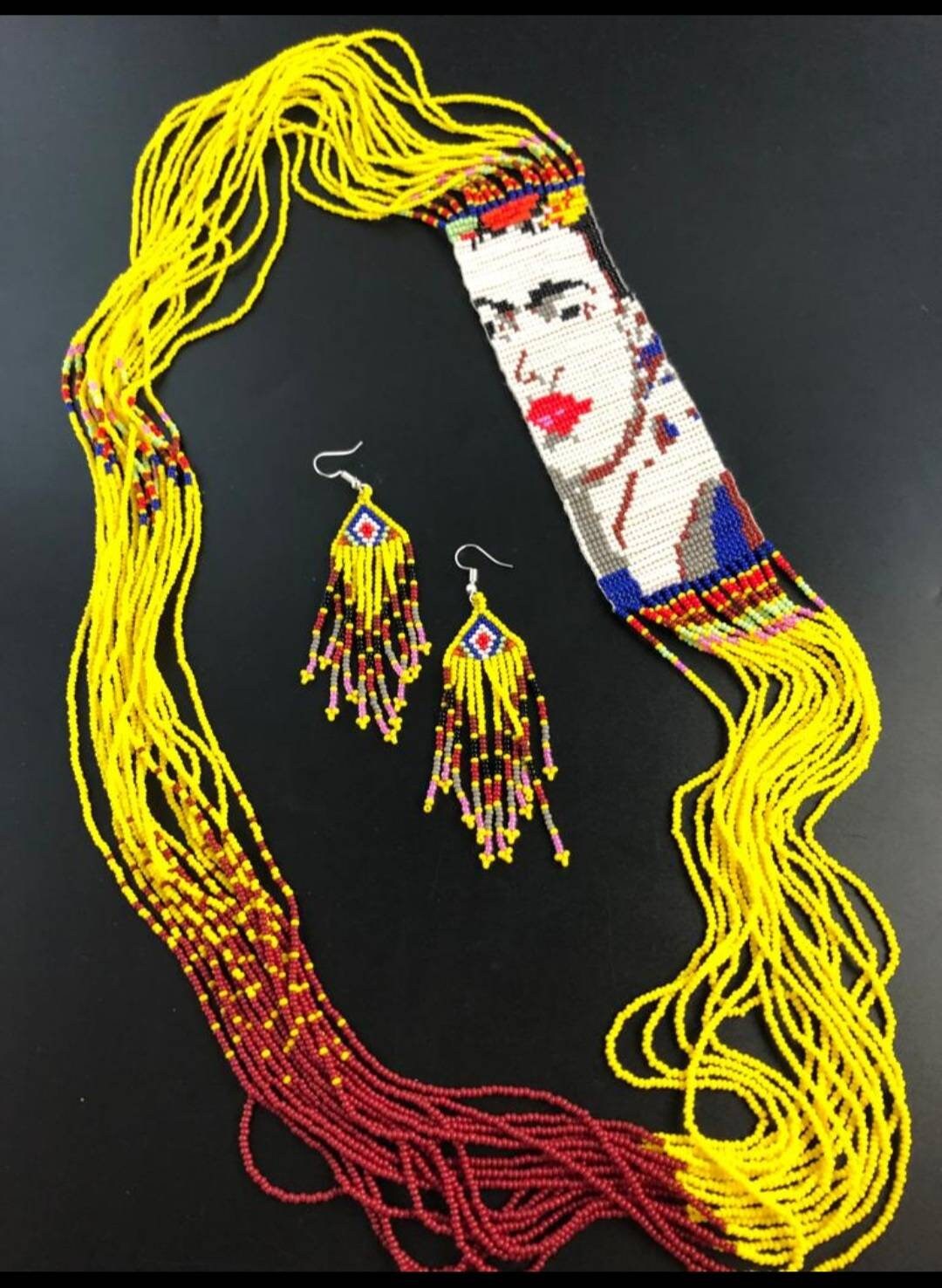 Handmade Frida Kahlo Beaded Necklace & Earring Set: Mexican Jewelry