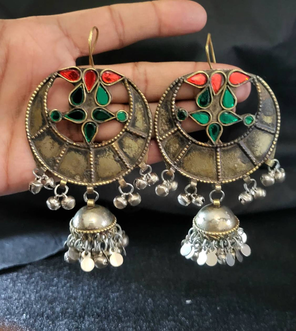 VINTAGE AFGAŃSKIE JHUMKA, stare złoto, niemieckie srebro, kształt półksiężyca, vintage jhumka, ręcznie robione kolczyki, afgańska biżuteria, taniec brzucha