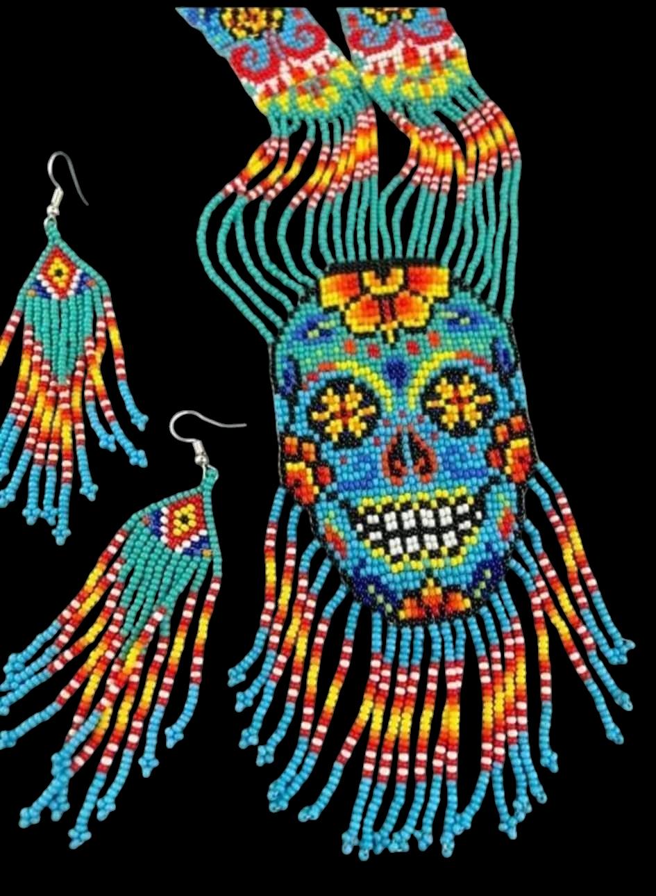 Handmade Seed Bead Skull Necklace & Earring Set