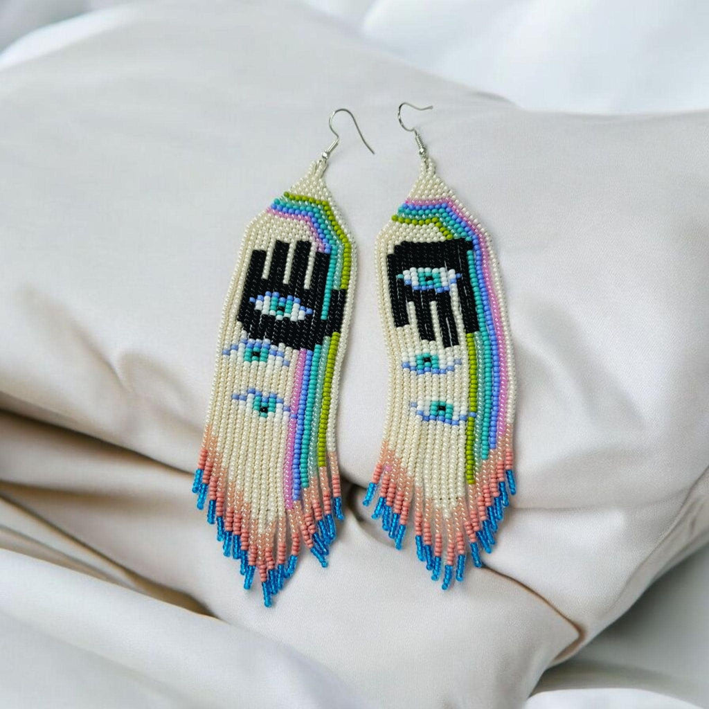 Handmade Hamsa Evil Eye Beaded Earrings: Pastel Rainbow Fringe