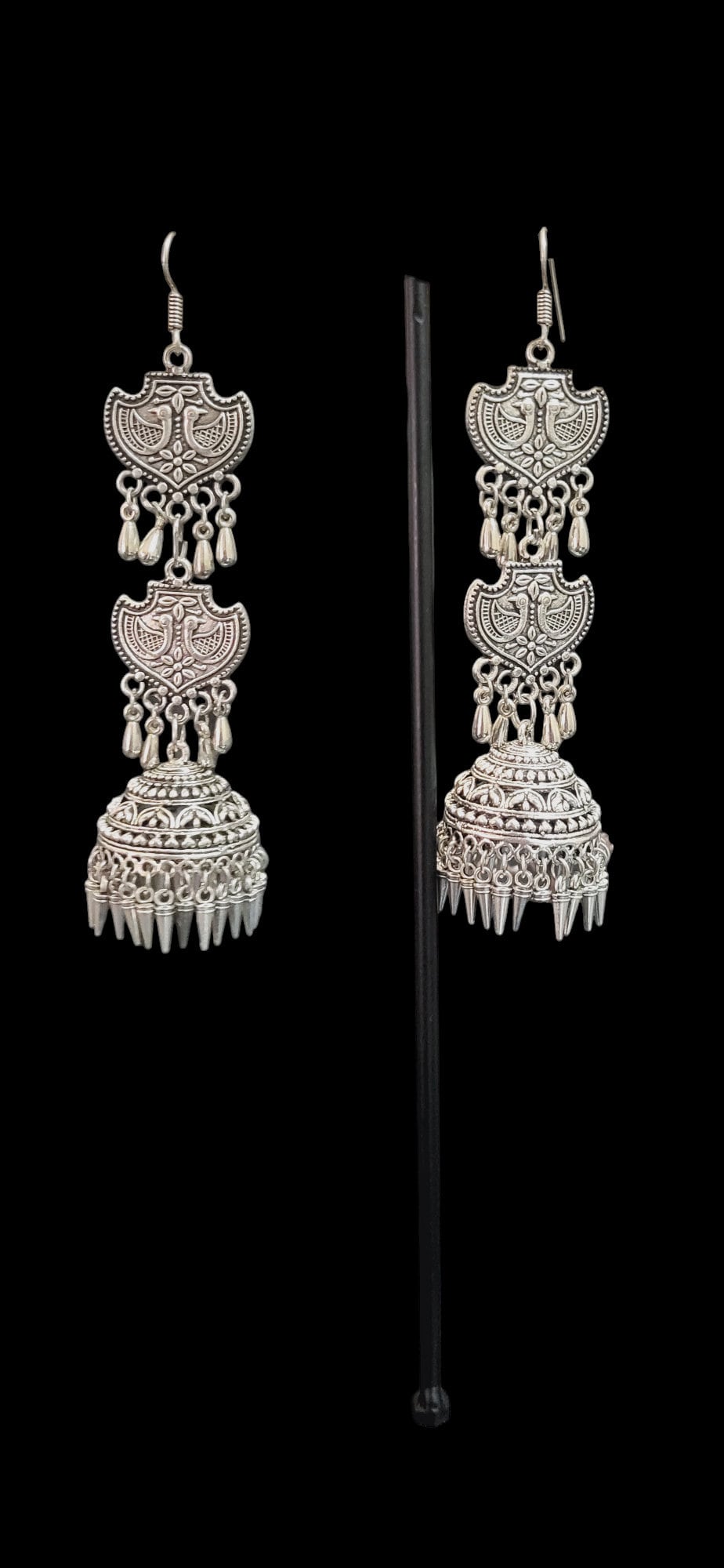 Oxidized German Silver Plated Jhumka Earrings: Bollywood Ethnic Beaded Jewelry