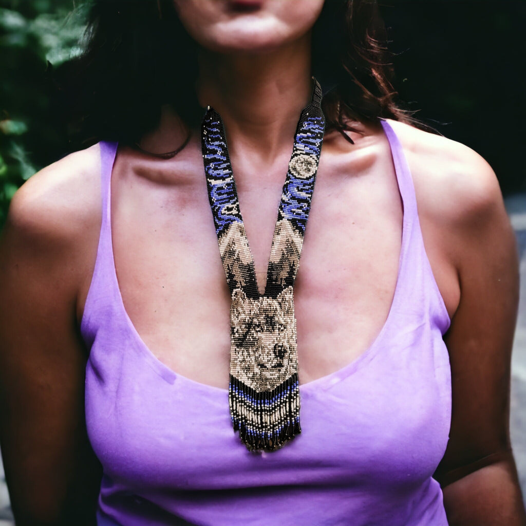 Handmade Beaded Wolf Necklace: Boho Animal Lover Jewelry