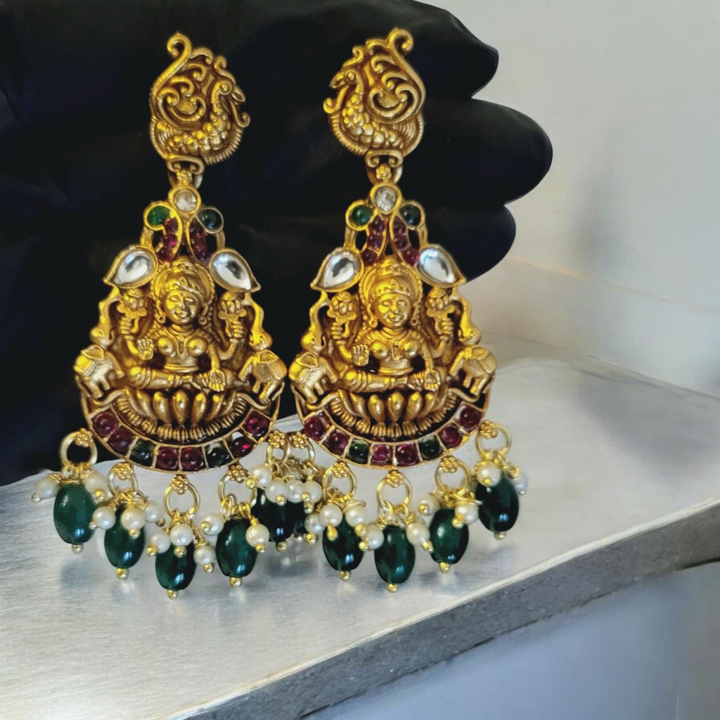 Gold Laxmi Temple Earrings: Kundan, Crystal Pearls & Green Beads