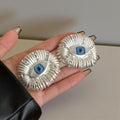 Large Silver Surrealist Evil Eye Statement Earrings, 3D Blue Iris Eye Jewelry, Bold Avant-Garde Ribbed Studs, Unique Gift for Her, Maximalis