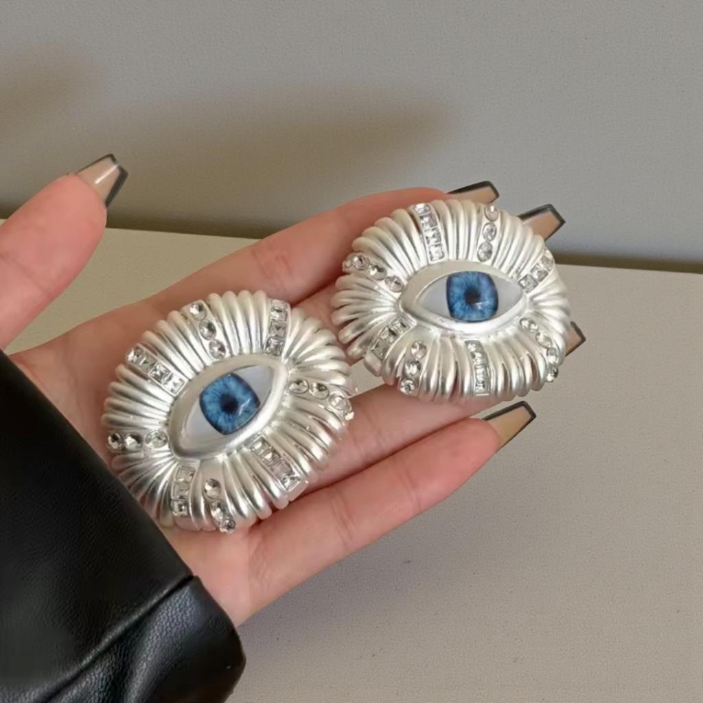 Large Silver Surrealist Evil Eye Statement Earrings, 3D Blue Iris Eye Jewelry, Bold Avant-Garde Ribbed Studs, Unique Gift for Her, Maximalis