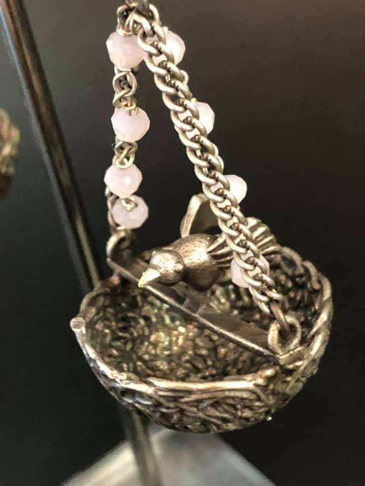 Handmade Bird Nest Earrings: Silver Metal Dangle Earrings