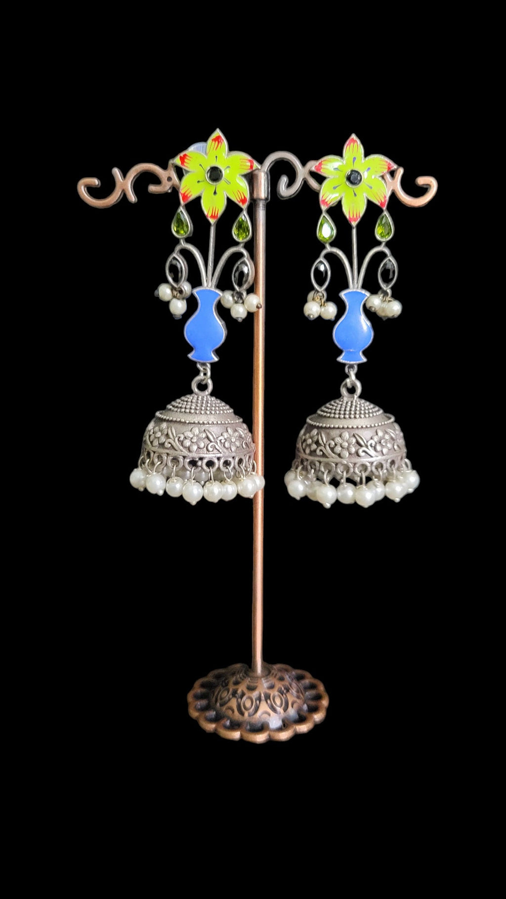 Oxidized Silver Plated Jhumka Earrings: Hand-Painted Floral Jewelry