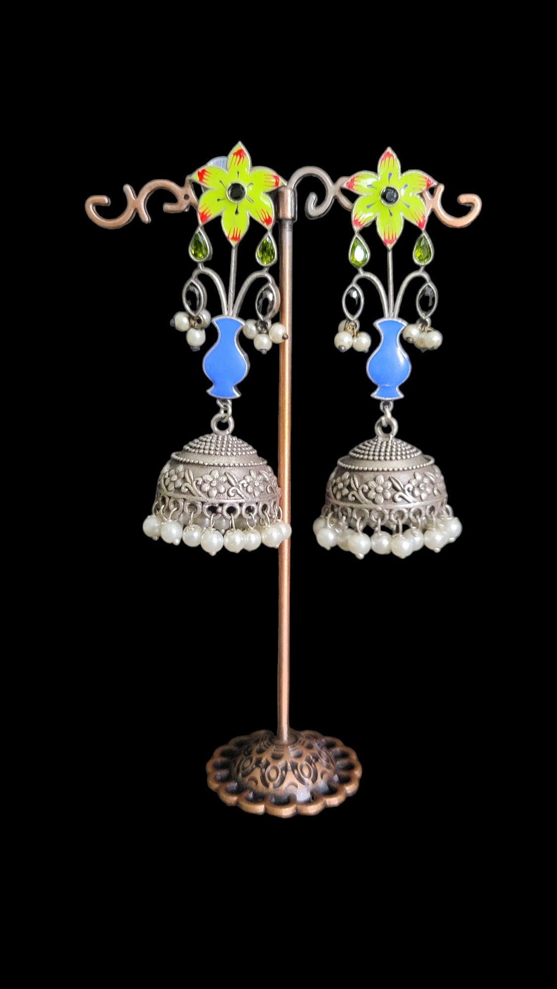 Oxidized Silver Plated Jhumka Earrings: Hand-Painted Floral Jewelry
