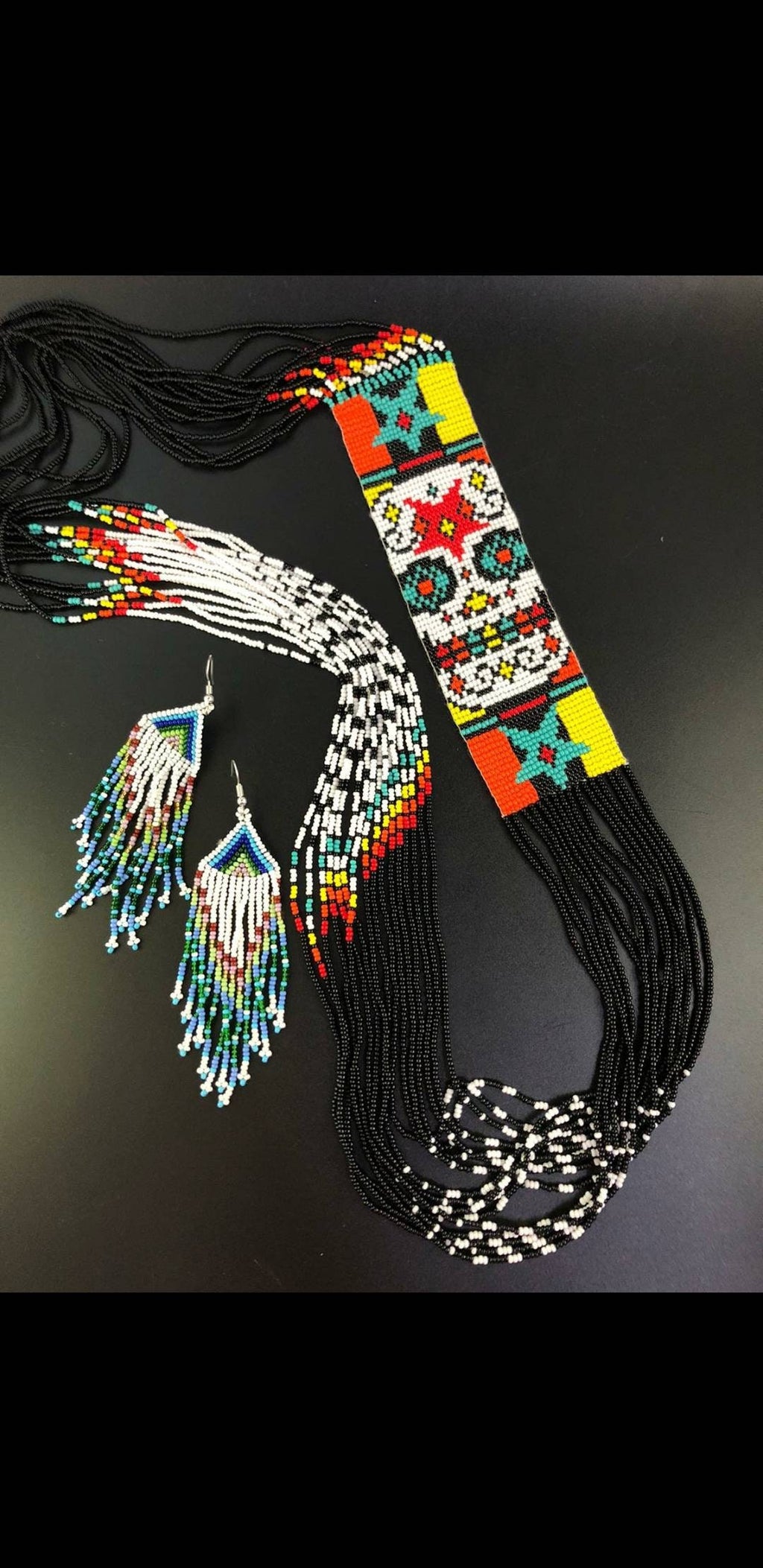 Handmade Seed Bead Sugar Skull Necklace & Earrings Set