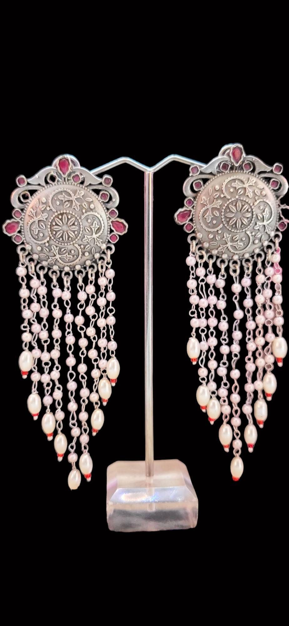 Handmade Pearl Dangle Earrings: German Silver Bollywood Jewelry