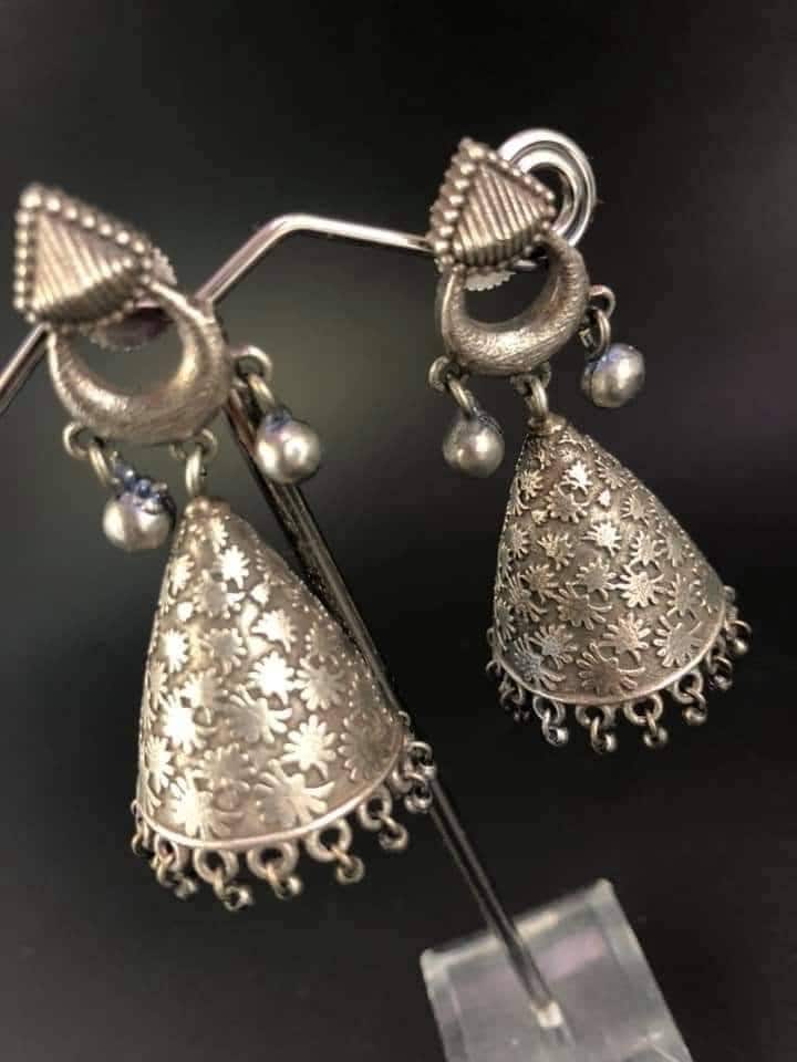 Floral Carved Jhumki Earrings: Silver Tone Indian Boho Jewelry