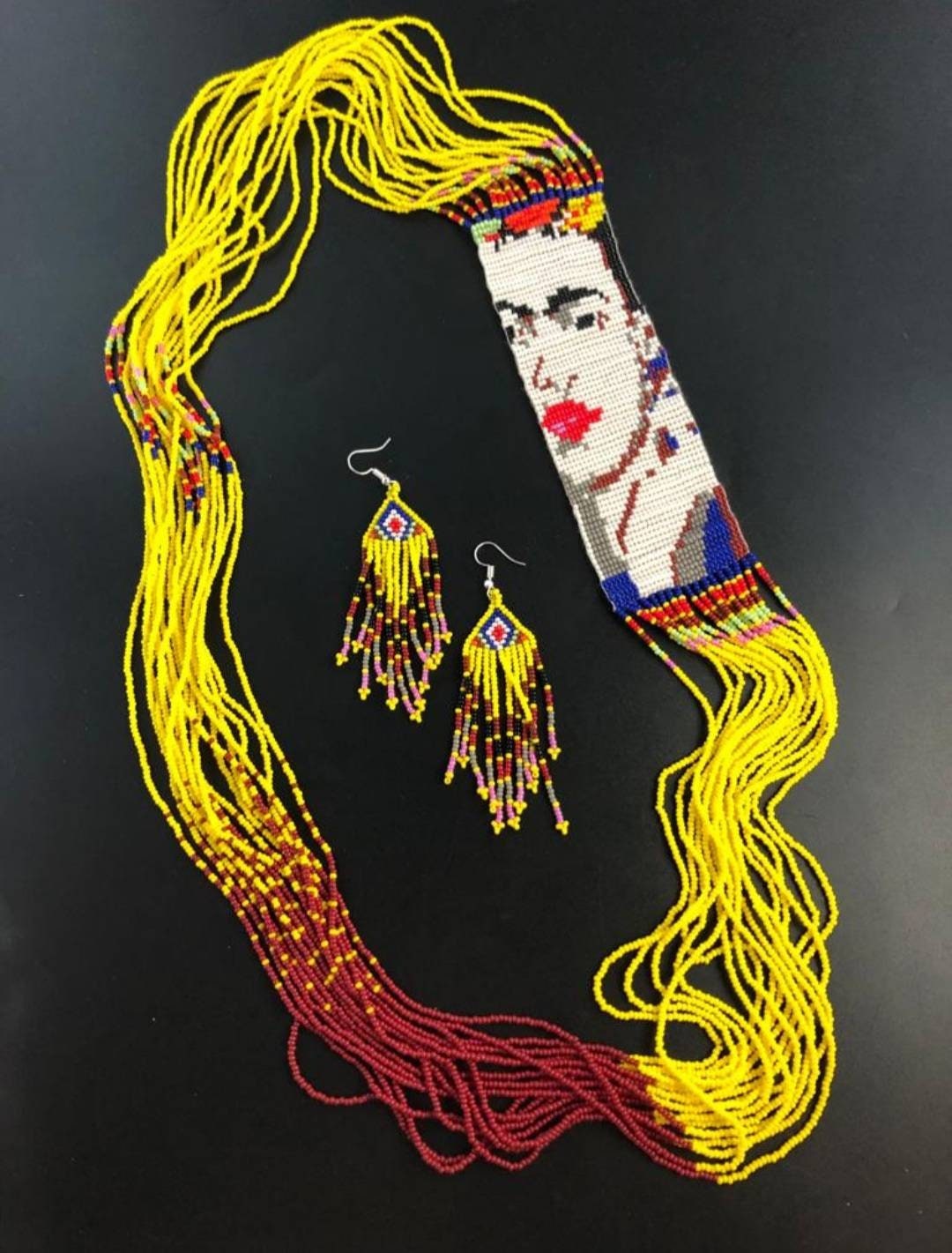 Handmade Frida Kahlo Beaded Necklace & Earring Set: Mexican Jewelry