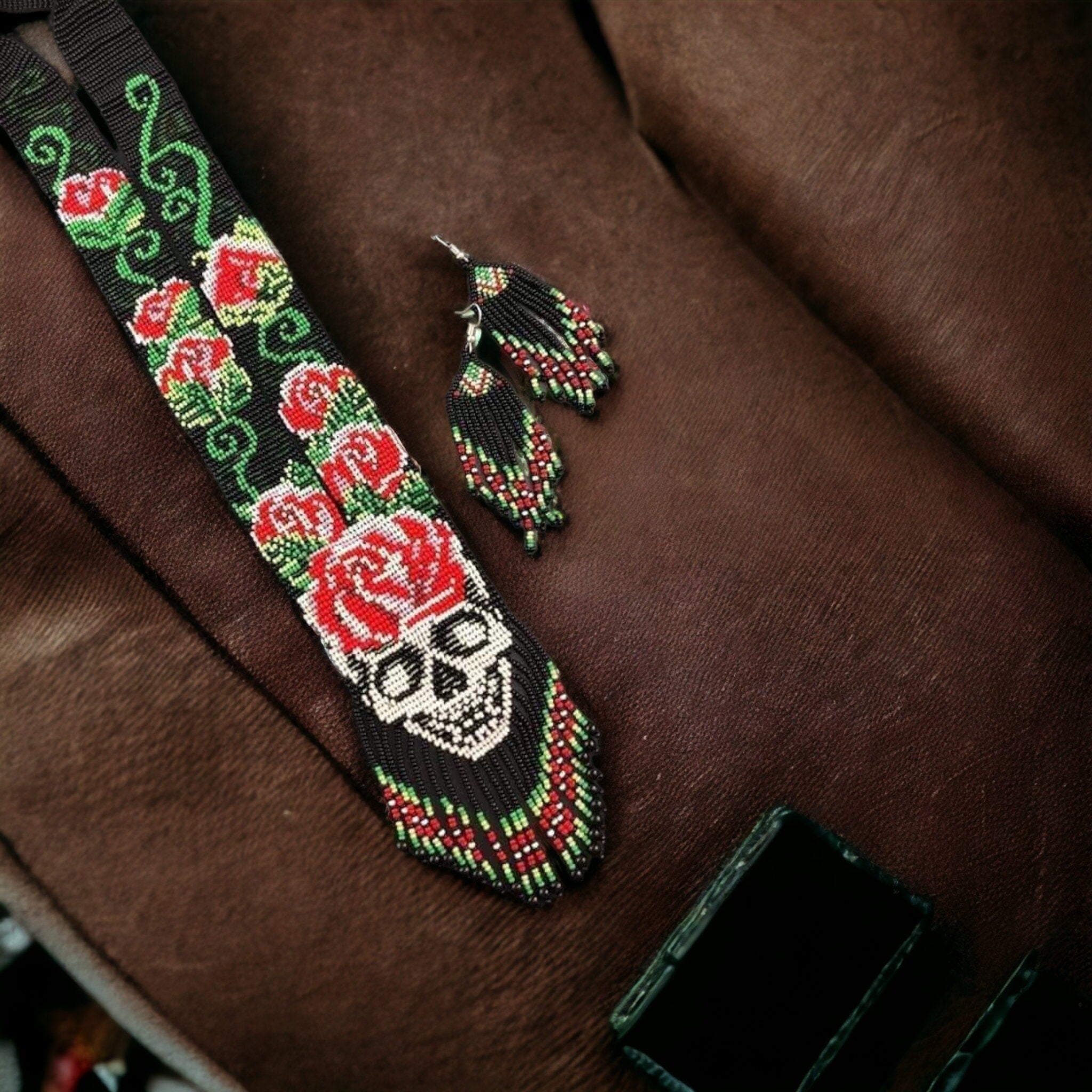 Handmade Seed Bead Skull Necklace: Ethnic Sugar Skull Jewelry