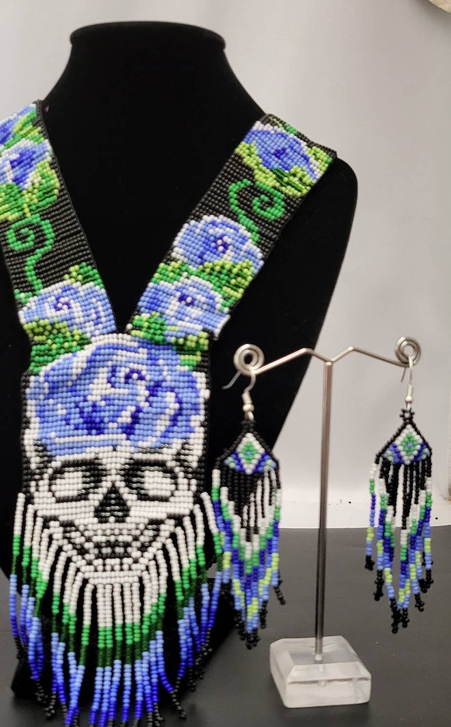 Handmade Seed Bead Skull Necklace: Ethnic Rose Design