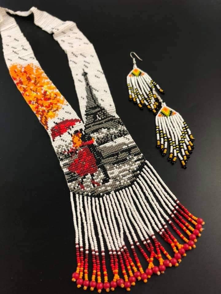 Handmade Beaded Necklace: Paris Eiffel Tower, Autumn Scene