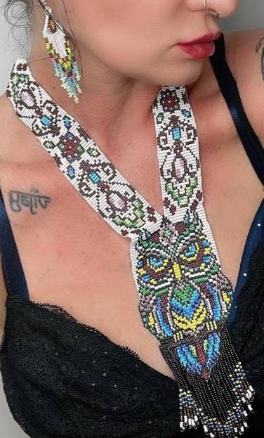 Handmade Beaded Owl Necklace: Long Statement Jewelry