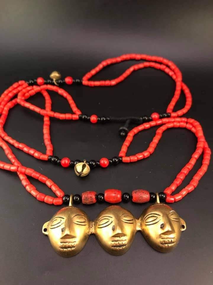 Bronze Tribal Mask Pendant Necklace: Coral Beaded Ethnic Jewelry
