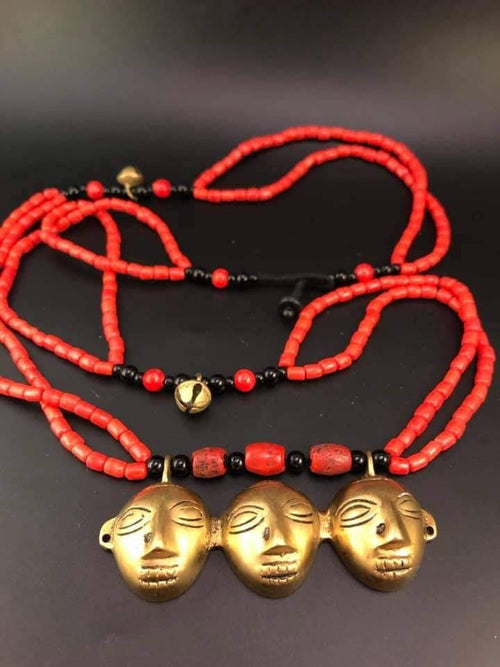 Bronze Tribal Mask Pendant Necklace: Coral Beaded Ethnic Jewelry