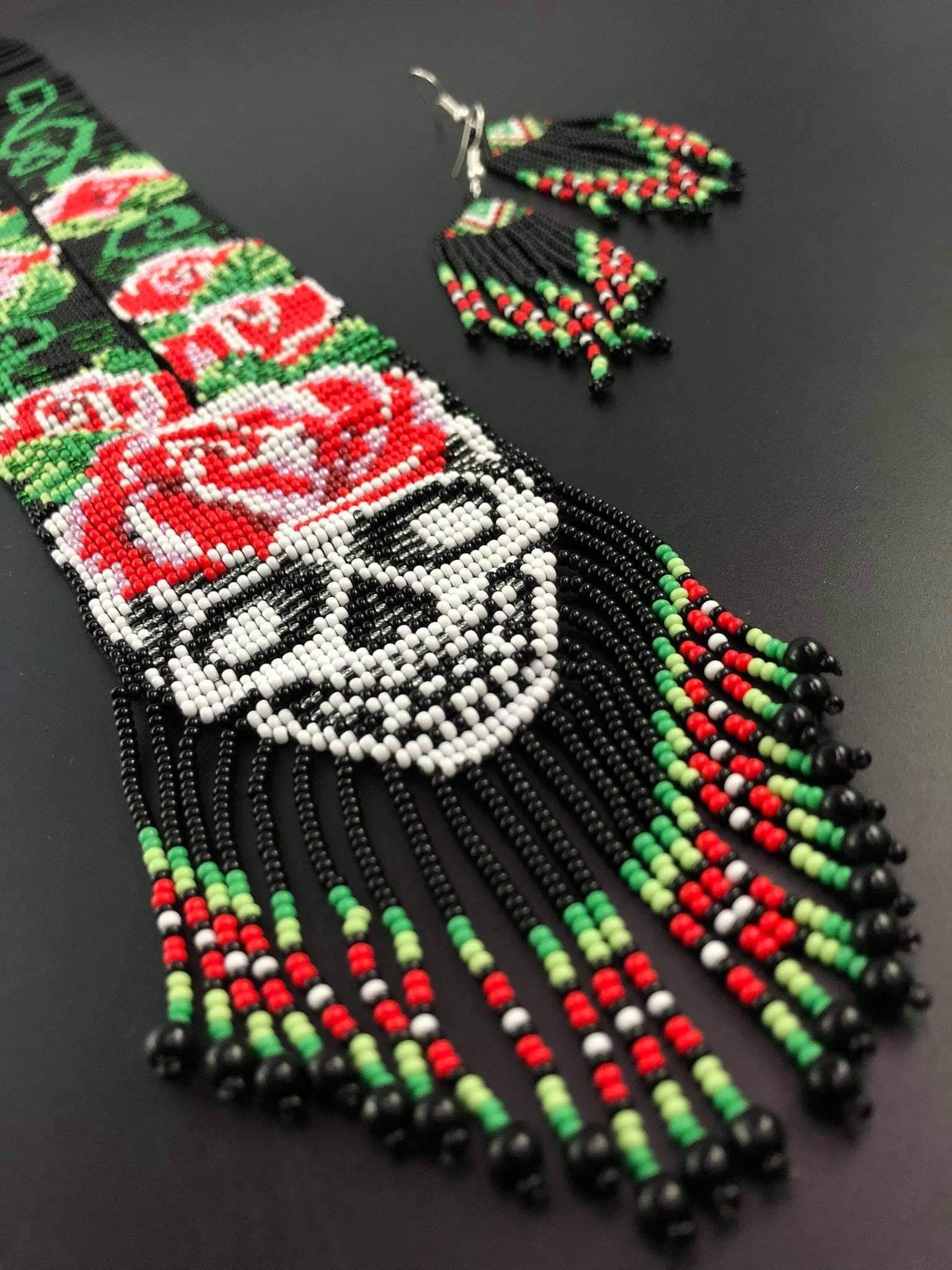 Handmade Seed Bead Skull Necklace: Ethnic Sugar Skull Jewelry