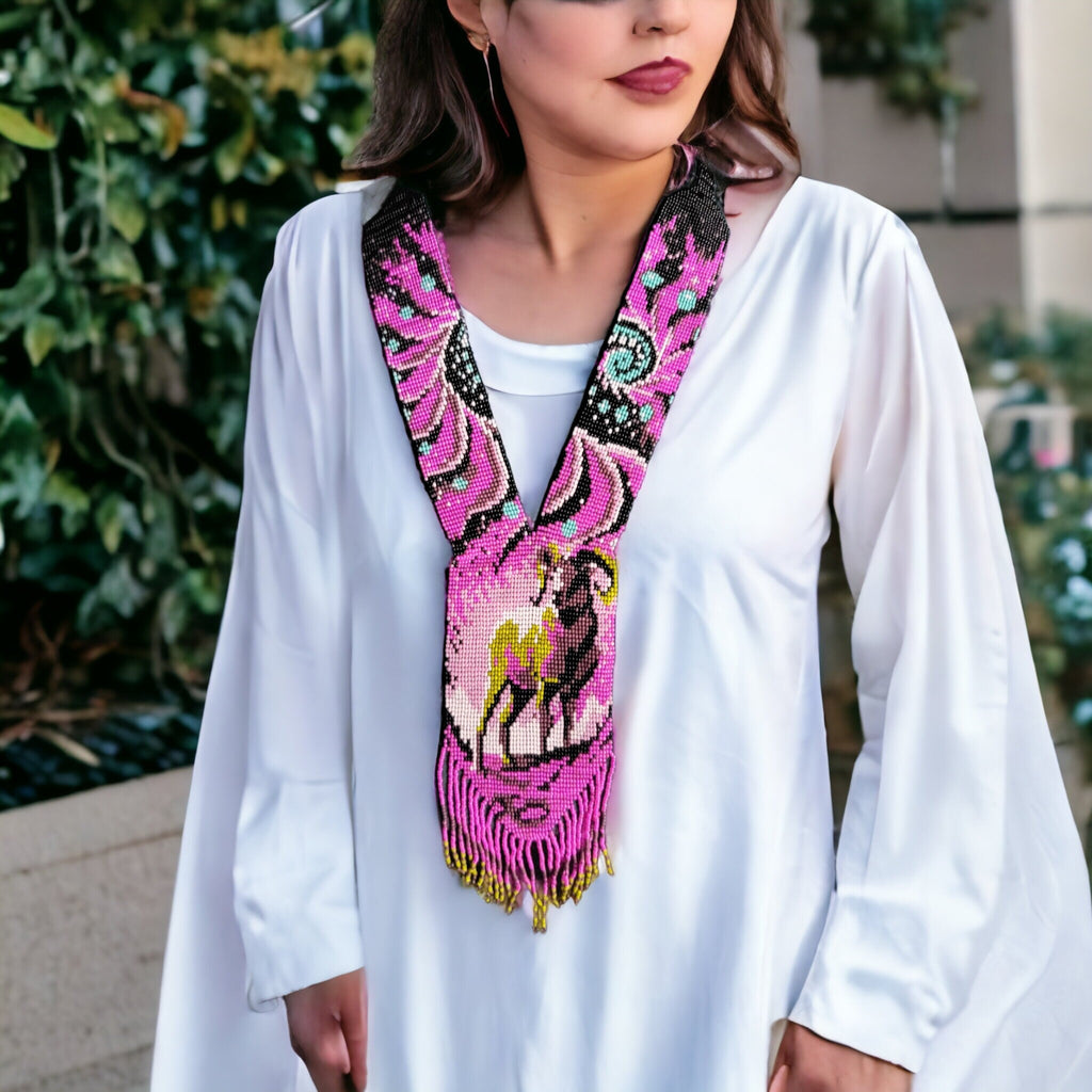 Handmade Capricorn Loom Beaded Necklace: Pink & Black Zodiac Jewelry
