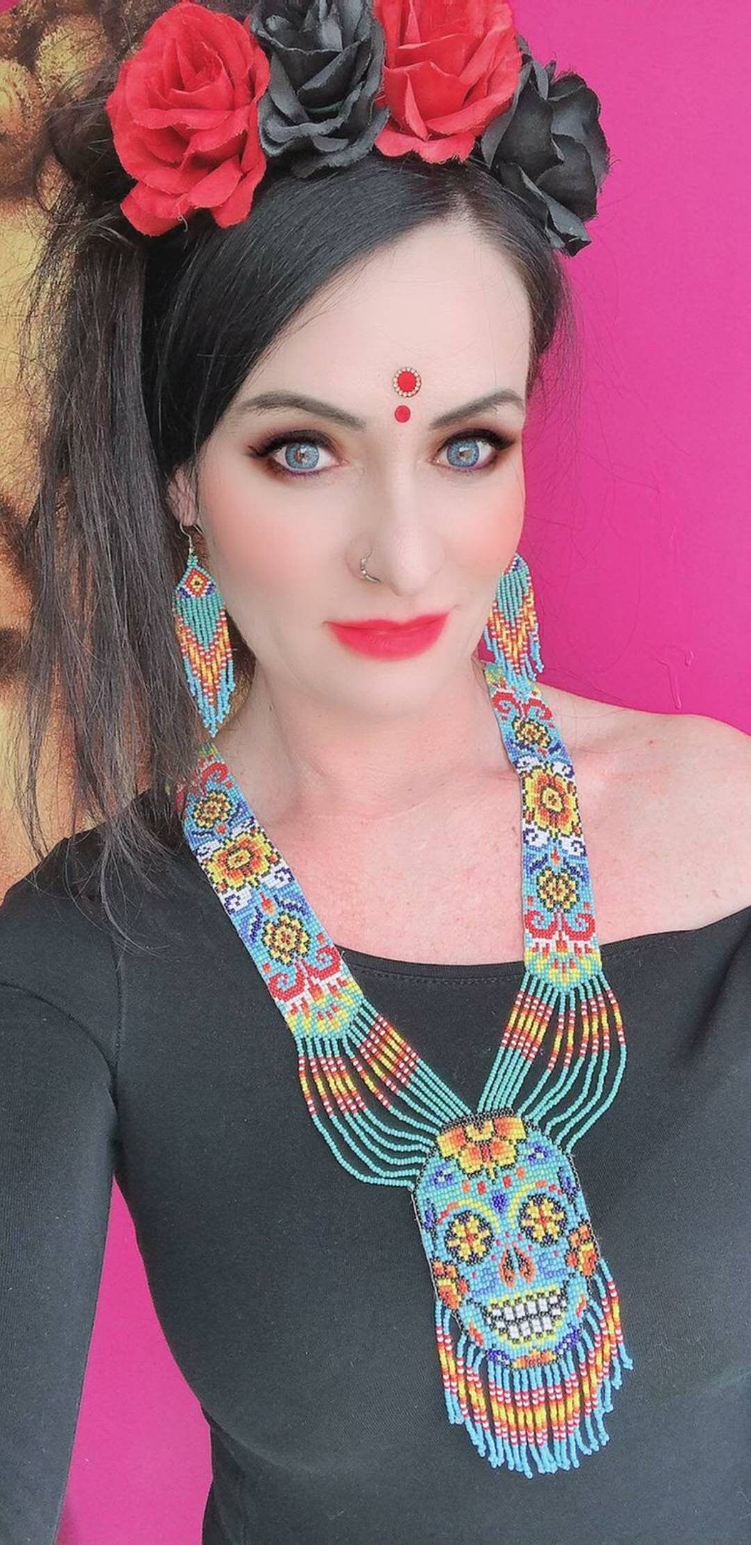 Handmade Seed Bead Skull Necklace & Earring Set