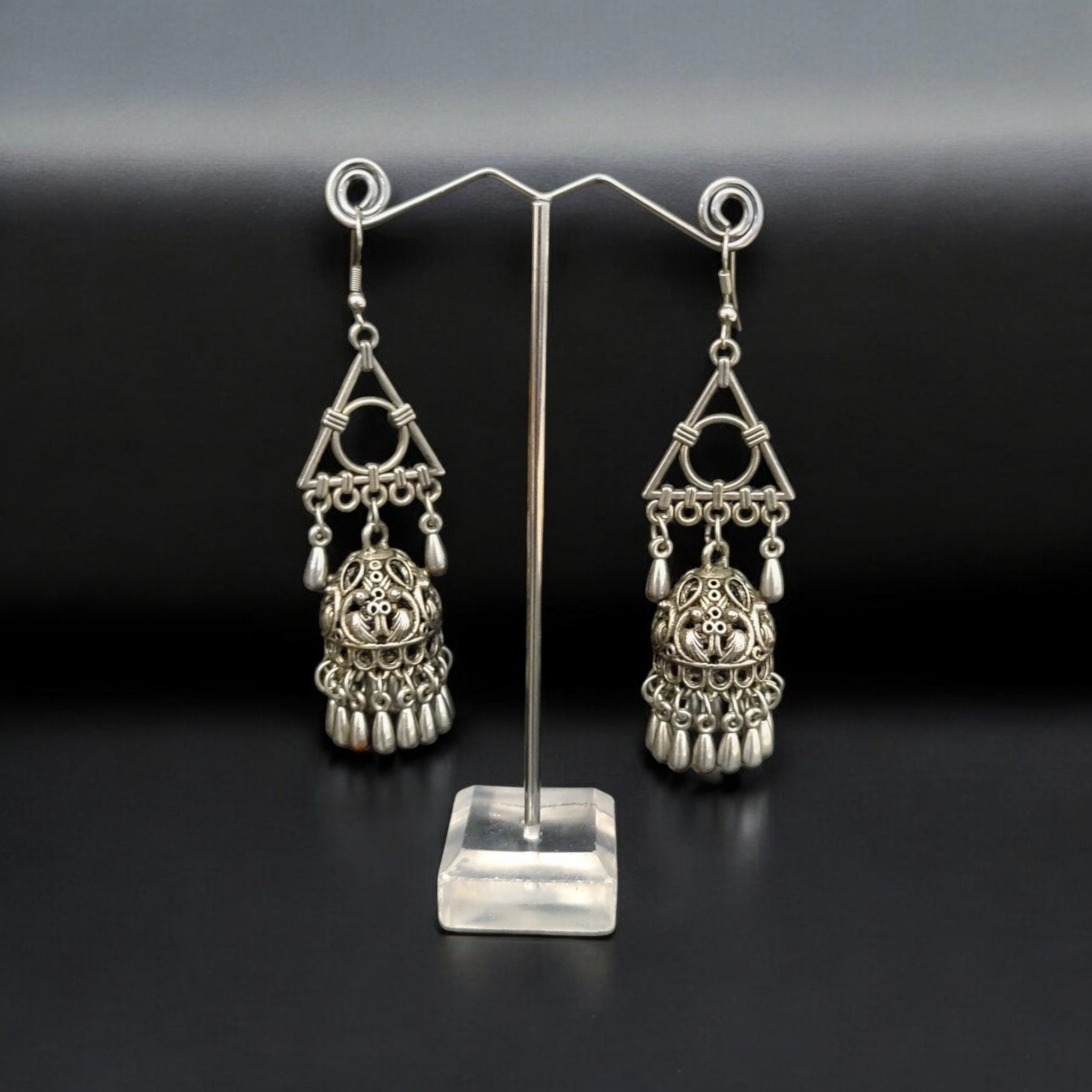 Oxidized Silver Plated Jhumka Earrings: Triangle Drop Dangle, 925 Hook