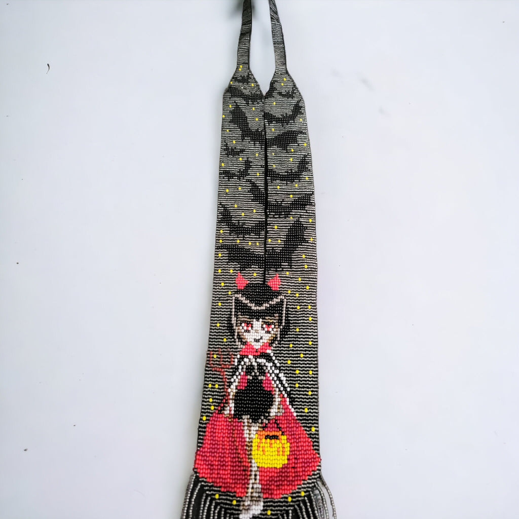 Handmade Beaded Halloween Necklace: Bat & Costume Girl Motif